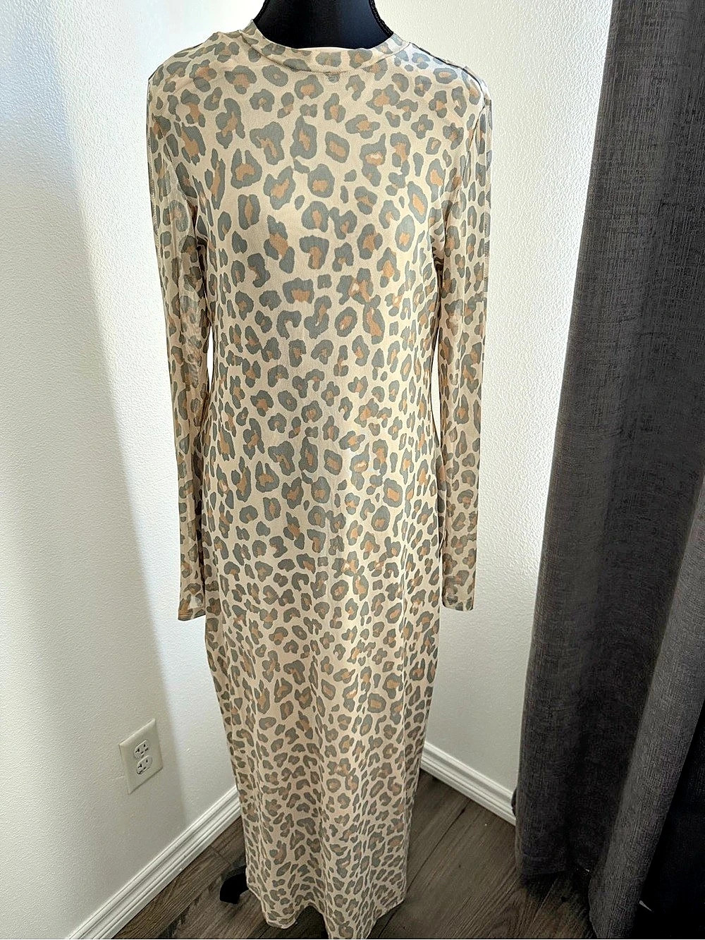 AFRM Didi Long Sleeve Mesh Maxi Dress Brown & Beige Medium